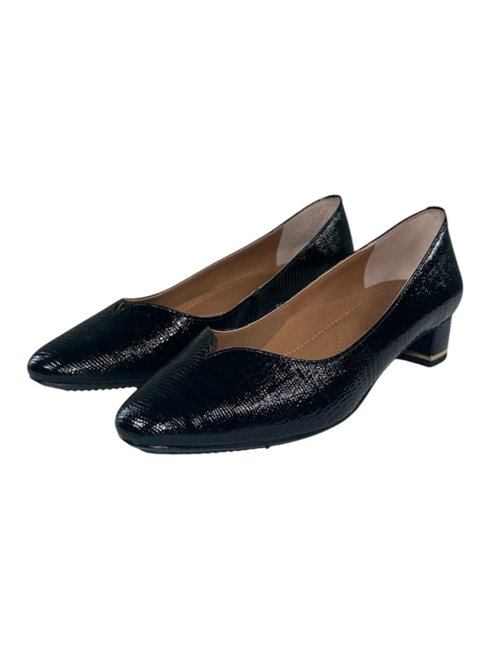 J. Renee Bambalina Black Patent Lizard Print Low Block Heel Pumps Size 7.5